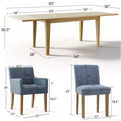Set da pranzo da 9 pezzi con prolunga, include 6 sedie senza braccioli e 2 poltrone in lino neutro, gambe in legno massello, stile moderno-Panipeachy