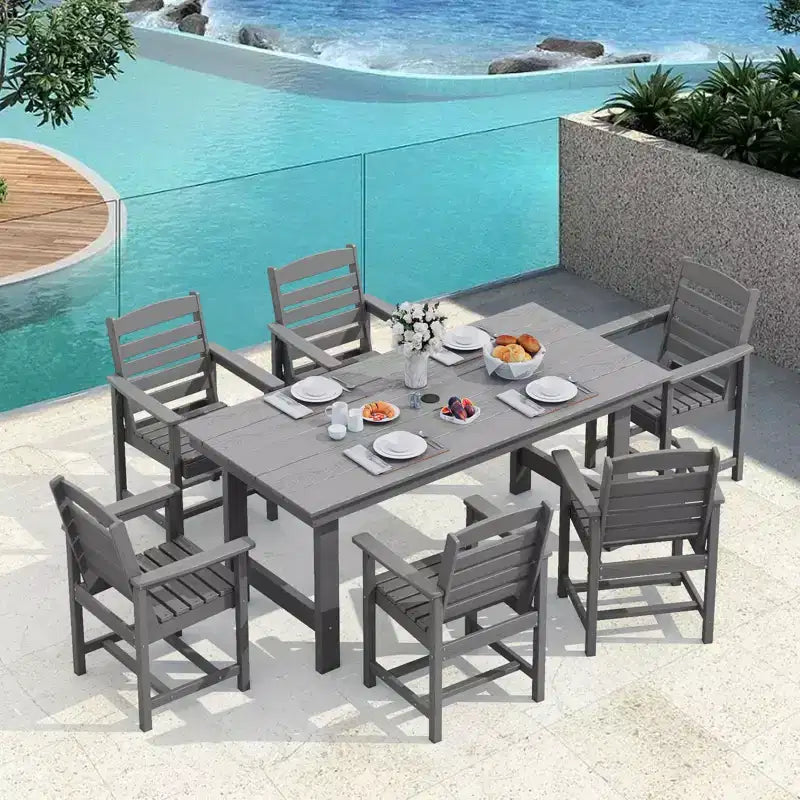 Set da pranzo da esterno Hyleory 7 pezzi, tavolo rettangolare da 170 cm con foro per ombrellone e 6 sedie