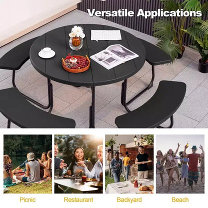 Costway Set Tavolo da Picnic Rotondo da Esterno a 8 Posti con 4 Panche e Foro per Ombrellone Nero/Grigio/Verde/Bianco