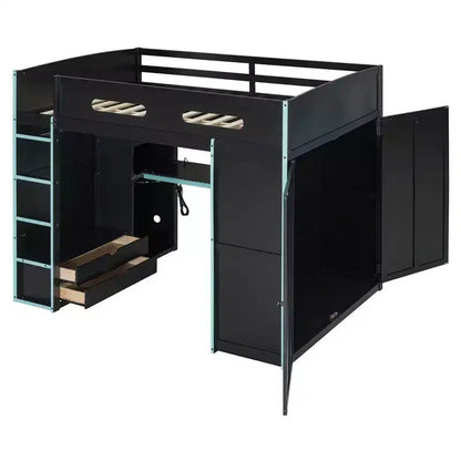 Merax Letto a soppalco a una piazza e mezza con scrivania, armadio, luci LED RGB e porta di ricarica USB Elegante struttura nera con spazio multi-contenitore per gli amanti dei giochi
