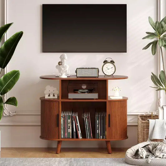 Mobile portadischi moderno di metà secolo, scaffale in legno per giradischi, mobile aperto per vinili, per soggiorno, camera da letto
