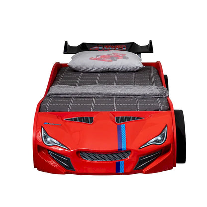 Lit enfant voiture de course double avec lit gigogne, finition brillante, pas besoin de sommier tapissier