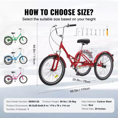 Tricycle pliant adulte VEVOR, Tricycle pliant adulte de 24 pouces, Vélo cruiser à 3 roues en acier au carbone avec grand panier et selle réglable