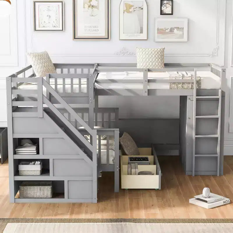 Lit superposé en L Whisen Modern Design (jumeau sur grand) avec 3 tiroirs, bureau portable et armoire