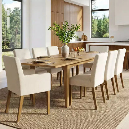 Set da pranzo da 9 pezzi con prolunga, include 6 sedie senza braccioli e 2 poltrone in lino neutro, gambe in legno massello, stile moderno-Panipeachy