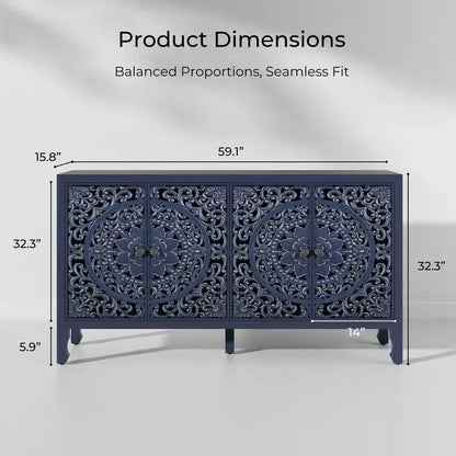 Credenza Buffet con Mobile Contenitore, Mobile Contenitore Effetto Invecchiato con 4 Ante Intagliate e Ripiano Regolabile, Credenze Buffet Laterali in Legno
