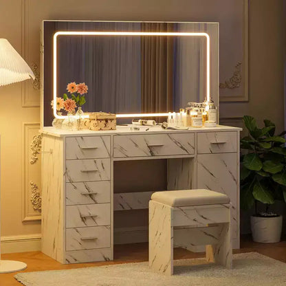 Toeletta Trucco con Specchio a LED a 3 Modalità e Prese di Ricarica, Grande Scrivania da Trucco con 7 Cassetti e Mobile Contenitore, Tavolo da Toeletta Moderno