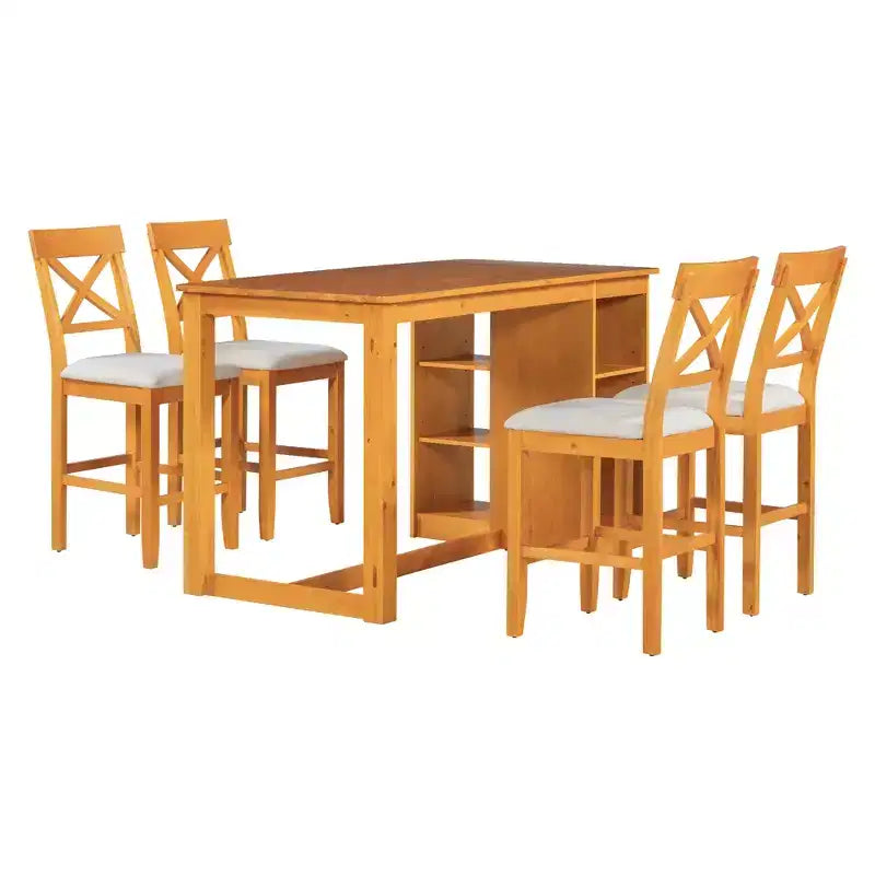 Set da pranzo a 5 pezzi in stile rustico ad altezza bancone per 4 persone, set da tavolo da bar in legno con ripiani e 4 sedie imbottite