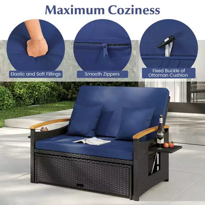 Set divano letto in rattan per esterni Costway con divanetto imbottito e poggiapiedi contenitore per veranda Beige/Blu marino/Rosso/Turchese/Nero/Grigio