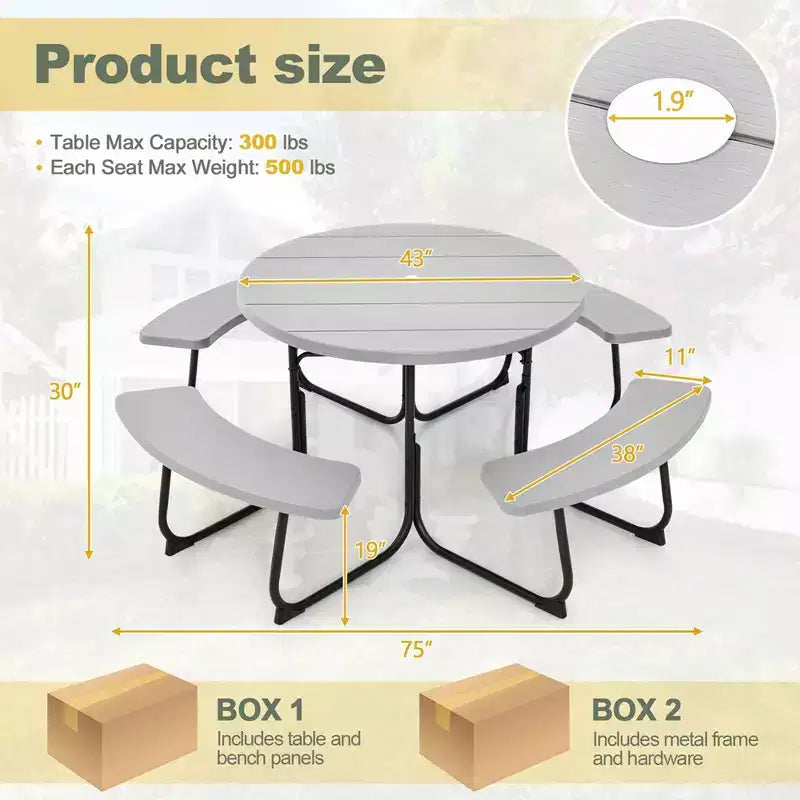 Costway Set Tavolo da Picnic Rotondo da Esterno a 8 Posti con 4 Panche e Foro per Ombrellone Nero/Grigio/Verde/Bianco