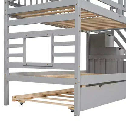 Letto a Castello Whisen Twin over Twin con Letto Estraibile e Scivolo, Scala Contenitore, Design Tetto e Finestra