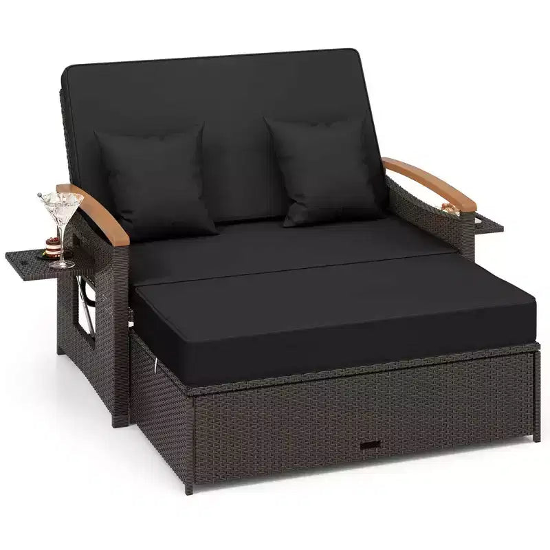 Set divano letto in rattan per esterni Costway con divanetto imbottito e poggiapiedi contenitore per veranda Beige/Blu marino/Rosso/Turchese/Nero/Grigio