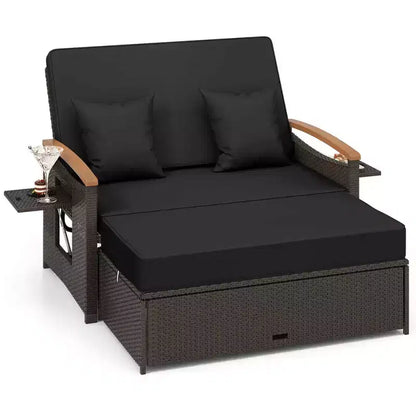 Set divano letto in rattan per esterni Costway con divanetto imbottito e poggiapiedi contenitore per veranda Beige/Blu marino/Rosso/Turchese/Nero/Grigio