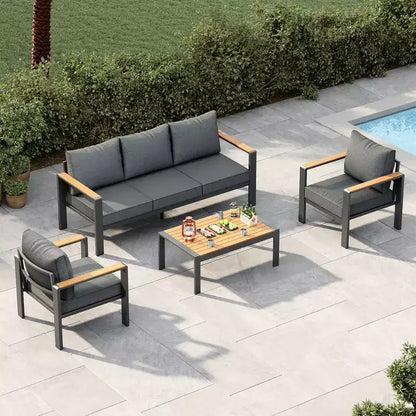 Salon de jardin en aluminium, canapé d'extérieur modulable avec 5 coussins épais, 4 accoudoirs et table basse pour jardin, terrasse, arrière-cour