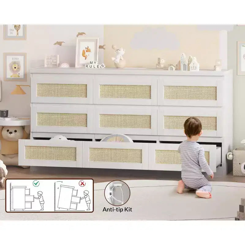 Comò per camera da letto, cassettiera a 9 cassetti in rattan per armadio, cassettiere e cassettoni doppi in legno