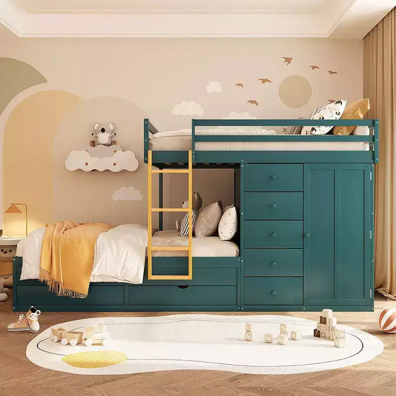 Lit superposé complet Whisen avec 2 grands tiroirs, 5 petits tiroirs et petite armoire