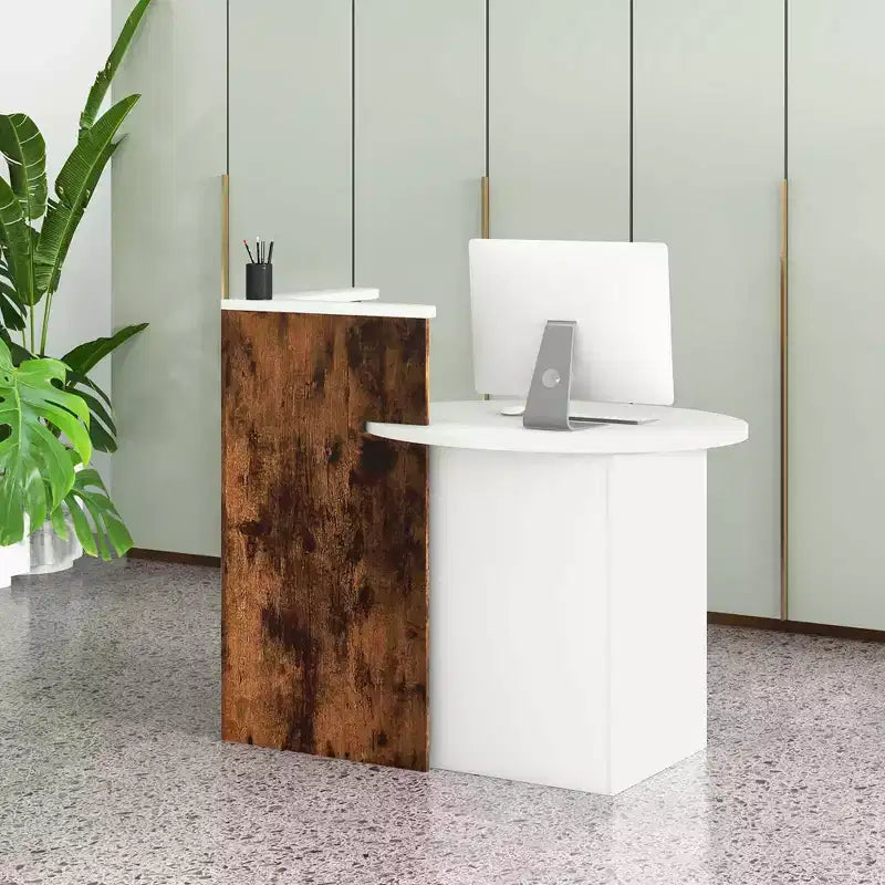 Costway Bancone per Reception, Scrivania da Ufficio con Ripiano Aperto e Cassetto con Serratura, Bianco/Marrone/Nero