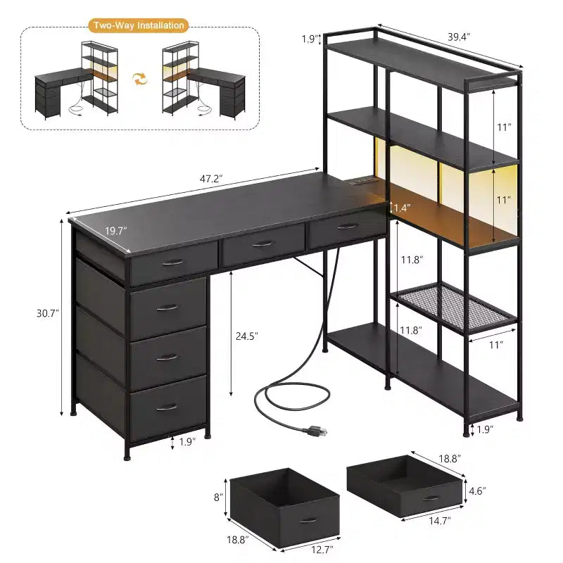 Scrivania per computer a L da 47" con 6 cassetti e mensole a 5 ripiani, scrivania angolare reversibile da gaming con luci LED e prese di corrente