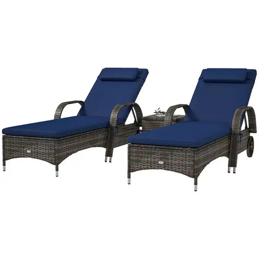 Set di 2 sedie a sdraio in vimini per patio con tavolino, schienale regolabile, ruote, cuscino e poggiatesta