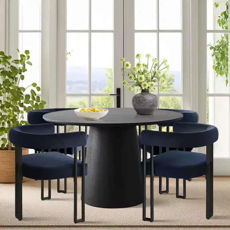 Set tavolo da pranzo allungabile da 120-210 cm per 4 persone, tavolo nero e 4 sedie da pranzo imbottite in velluto con gambe in metallo, stile moderno