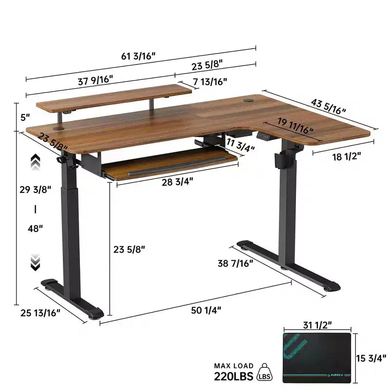 Scrivania angolare EUREKA ERGONOMIC 60x23 regolabile in altezza con set di accessori