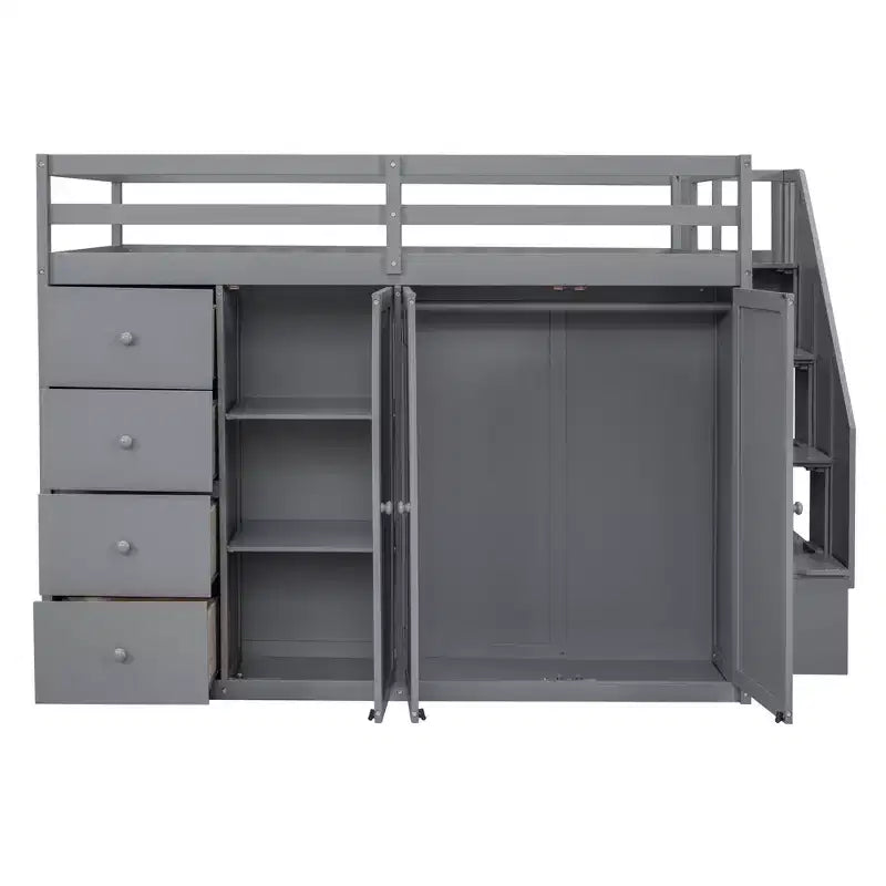 Letto a soppalco intero in pile orsetto con mensola portaoggetti e cassetti, letto a soppalco alto in legno con scrivania versatile per camera da letto