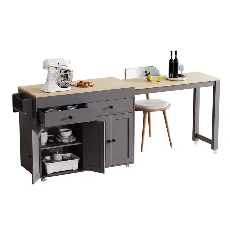 Isola da Cucina da 189 cm con Tavolo da Pranzo Estensibile, Carrello con 4 Armadietti, 2 Cassetti, Porta Spezie, Ripiani Regolabili