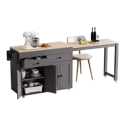 Isola da Cucina da 189 cm con Tavolo da Pranzo Estensibile, Carrello con 4 Armadietti, 2 Cassetti, Porta Spezie, Ripiani Regolabili