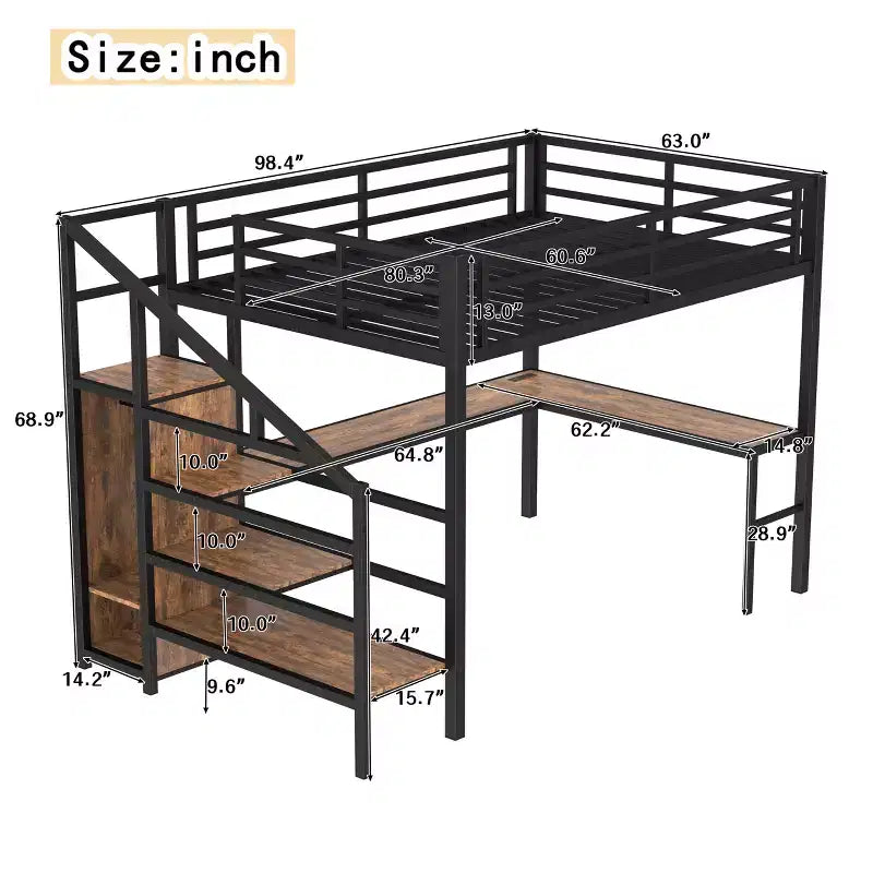 Letto a soppalco Queen Size con scrivania a L e USB, Letto a soppalco in metallo con armadio e regolabile