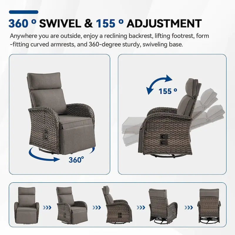 Pocassy 3PCS Versatile Outdoor Recliner Chair with Side Table Grey Cushion