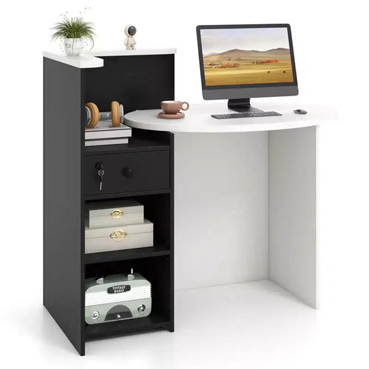 Costway Bancone per Reception, Scrivania da Ufficio con Ripiano Aperto e Cassetto con Serratura, Bianco/Marrone/Nero