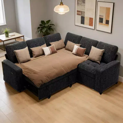 Dyonery Comfy Divano Letto 198 cm, Divano Letto a L in ciniglia con Letto Estraibile e Chaise Longue Contenitore per Soggiorno, Appartamento e Ufficio, Nero