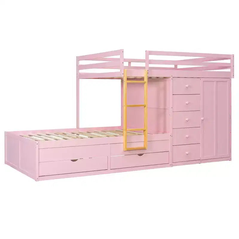 Lit superposé complet Whisen avec 2 grands tiroirs, 5 petits tiroirs et petite armoire