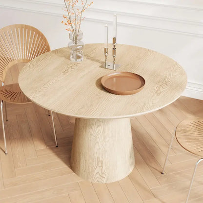 Table de salle à manger ronde pour 4-6 personnes, en bois naturel avec pied conique en bois, style rustique minimaliste