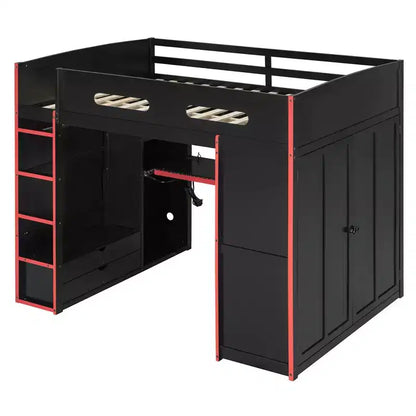 Merax Letto a soppalco a una piazza e mezza con scrivania, armadio, luci LED RGB e porta di ricarica USB Elegante struttura nera con spazio multi-contenitore per gli amanti dei giochi