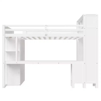 Lit mezzanine Whisen Wooden Queen avec armoire et bureau, tête de lit intégrée avec rangement