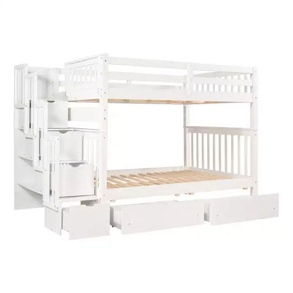 Letto a castello Full over Full con scaletta per bambini, struttura a castello matrimoniale con 6 cassetti e ringhiera per cameretta o dormitorio