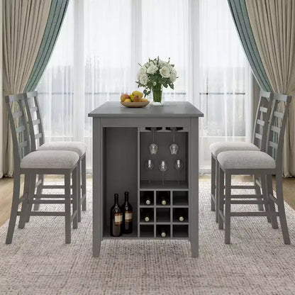 Set da pranzo da 5 pezzi in stile rustico ad altezza bancone con sedie per 4 persone, tavolo rettangolare in legno con ripiani e scomparto per bar/vino