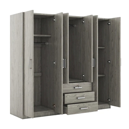 Armoire 6 portes en bois avec 3 grands tiroirs de rangement pour chambre à coucher