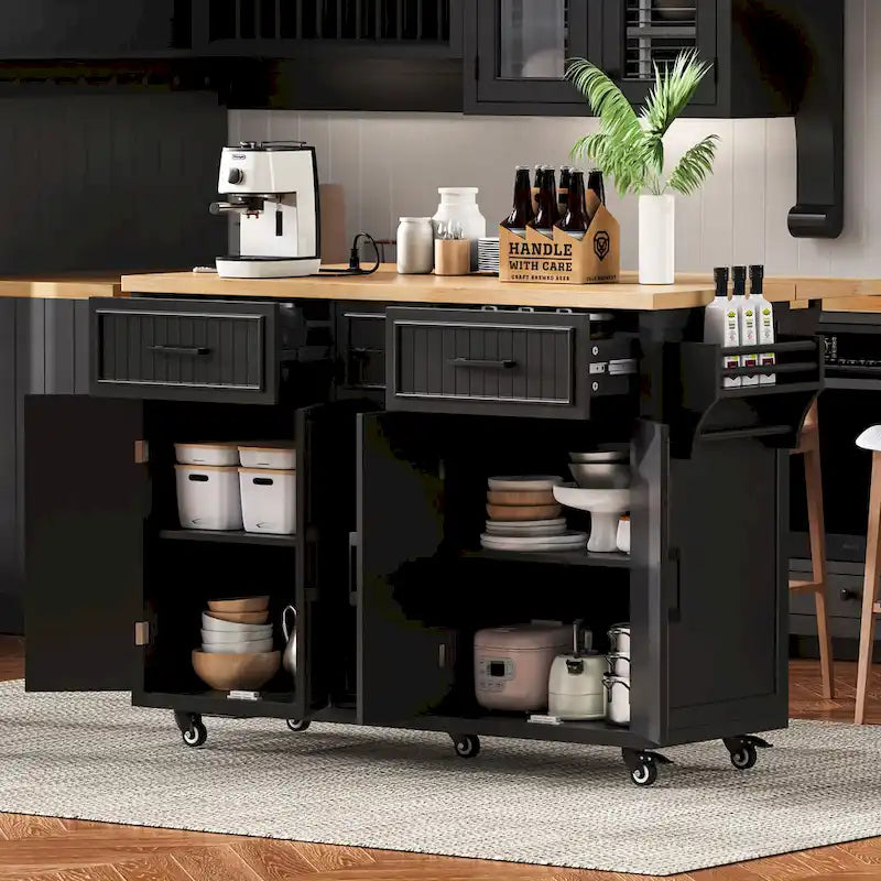 Isola per Cucina da 56,5 Pollici con Piano Ribaltabile e Stazione di Ricarica, Carrello da Cucina su Ruote con Cassetti e Ripiani Regolabili