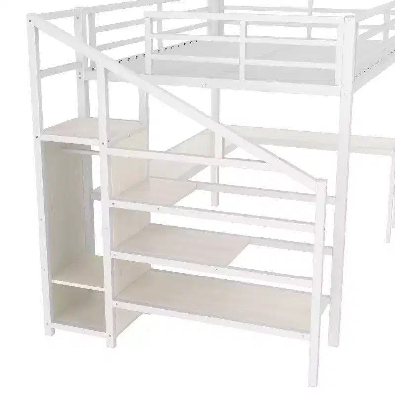Letto a soppalco Queen Size con scrivania a L e USB, Letto a soppalco in metallo con armadio e regolabile