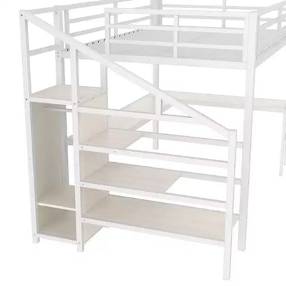 Letto a soppalco Queen Size con scrivania a L e USB, Letto a soppalco in metallo con armadio e regolabile