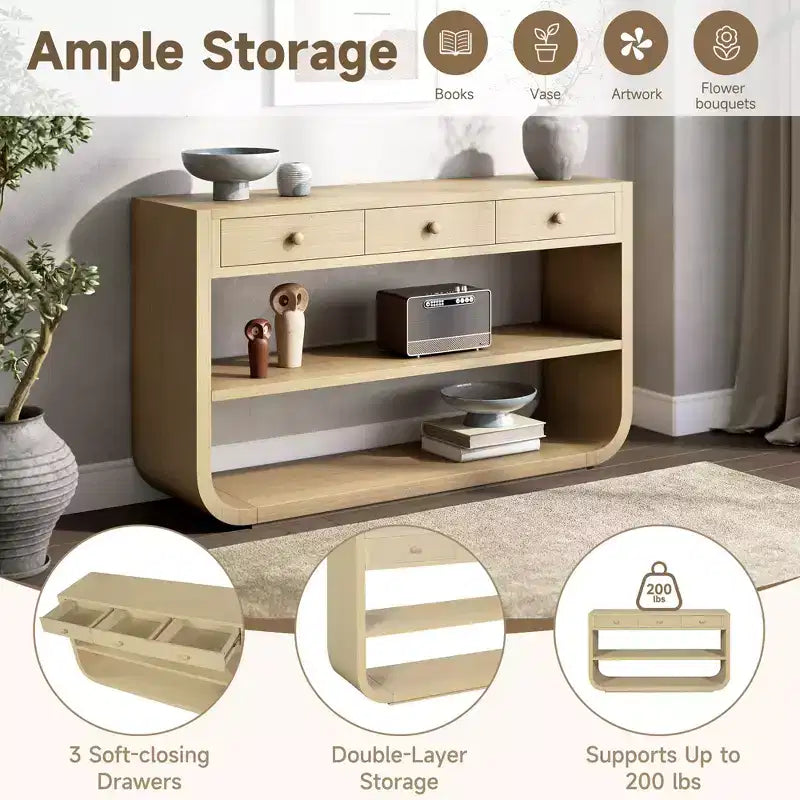 ModernLuxe Tavolo curvo da ingresso, Tavolo consolle, Tavolino da divano, Espositore, Tavolino d'appoggio con 3 cassetti a chiusura ammortizzata e 2 ripiani aperti