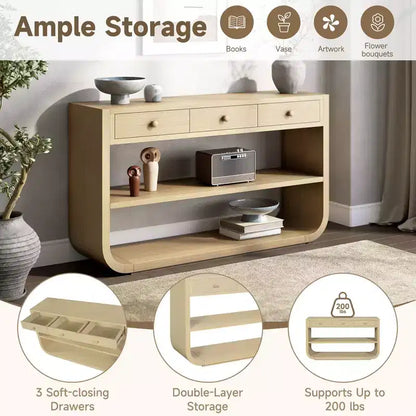ModernLuxe Tavolo curvo da ingresso, Tavolo consolle, Tavolino da divano, Espositore, Tavolino d'appoggio con 3 cassetti a chiusura ammortizzata e 2 ripiani aperti
