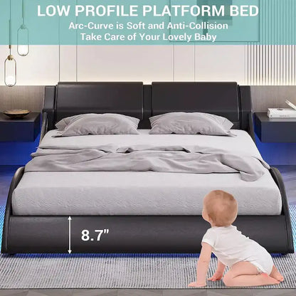 Letto a piattaforma moderno imbottito Queen con luci LED