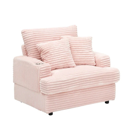 Divano Poltrona Singola in Velluto a Coste Rosa 39.37 con Pouf e Portabicchieri