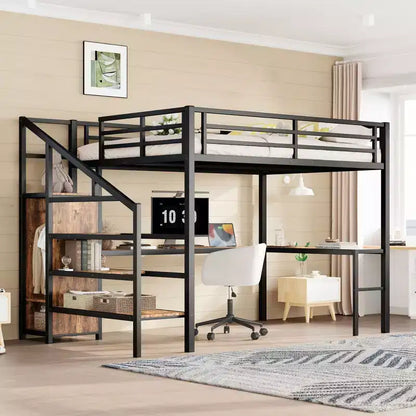 Letto a soppalco Queen Size con scrivania a L e USB, Letto a soppalco in metallo con armadio e regolabile