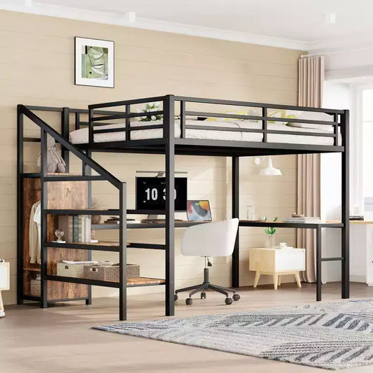 Letto a soppalco Queen Size con scrivania a L e USB, Letto a soppalco in metallo con armadio e regolabile