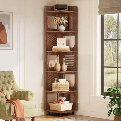 Étagère d'angle Lantine à 6 niveaux, bibliothèque haute rustique de 180 cm pour salon, chambre, bureau