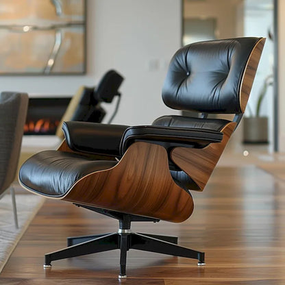 Chaise longue et pouf d'appoint en cuir pleine fleur de style Mid-century